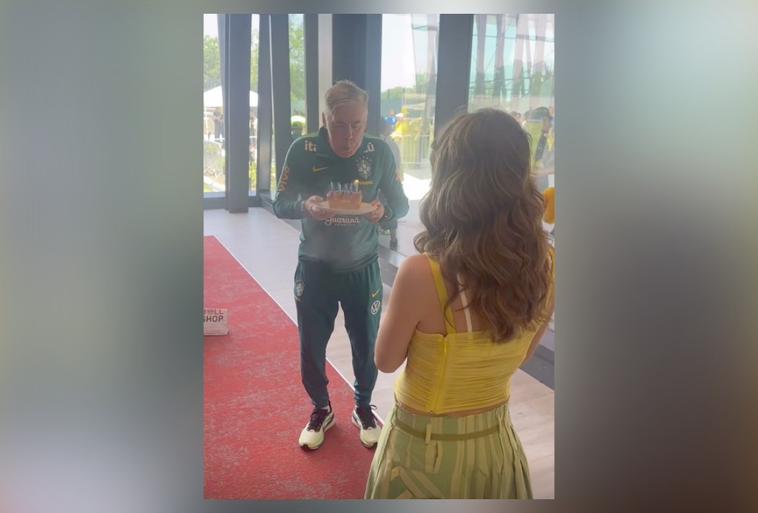 Ancelotti celebra 67 anos com bolo da enteada e homenagem do mascote Canarinho Pistola